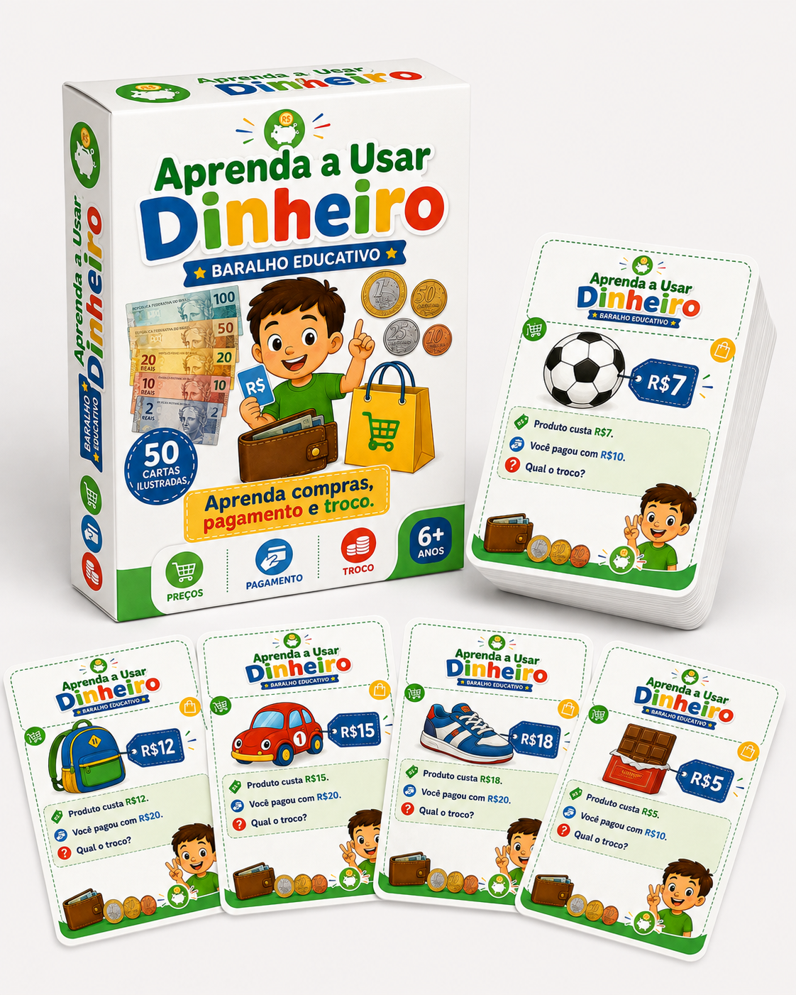 Várias cartas ilustradas do baralho com produtos e preços diferentes